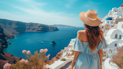 Obraz premium Back view a woman tourist wearing hat in santorini. Concept of travel and vacation in Europe.
