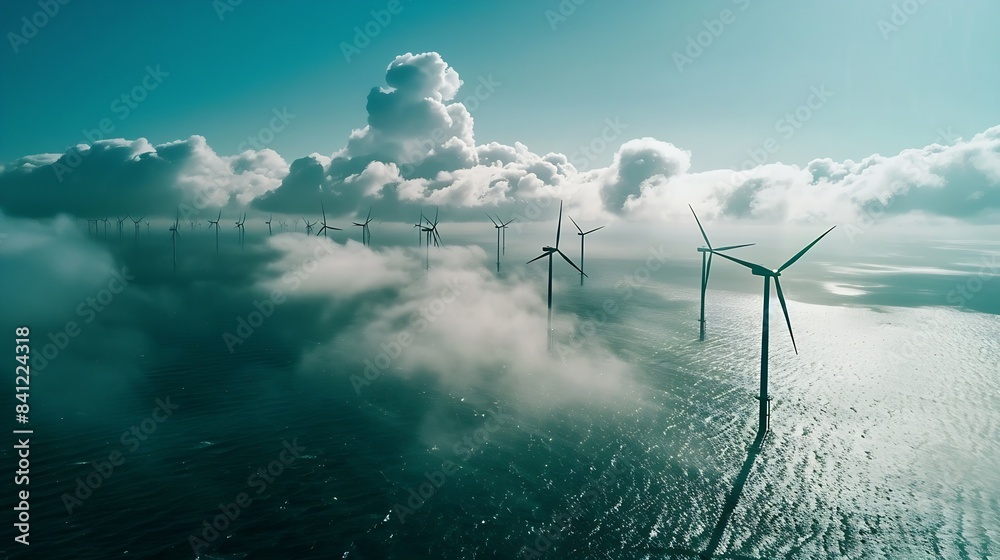Poster offshore windmill park with clouds and a blue sky windmill park in the ocean aerial view with wind t