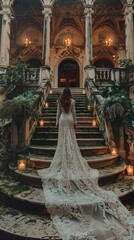 Fototapeta premium A bride walks down stone steps in a historic building
