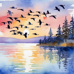 Watercolor Illustration of a Flock of Birds Flying Over a Lake at Sunrise
