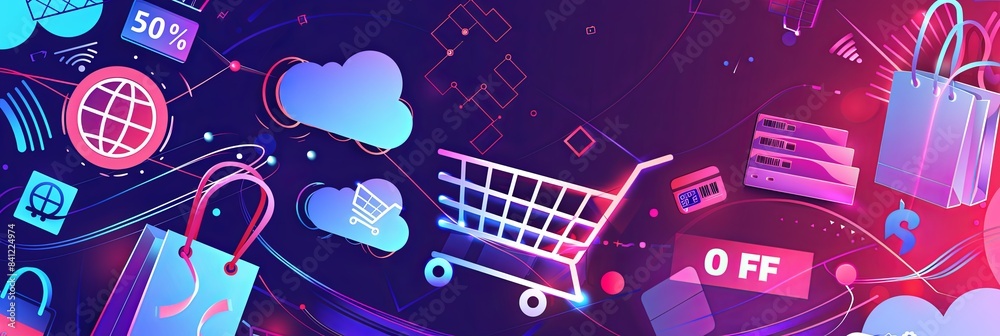 Poster abstract background with digital shopping carts, product icons, and 50 off text. generative ai