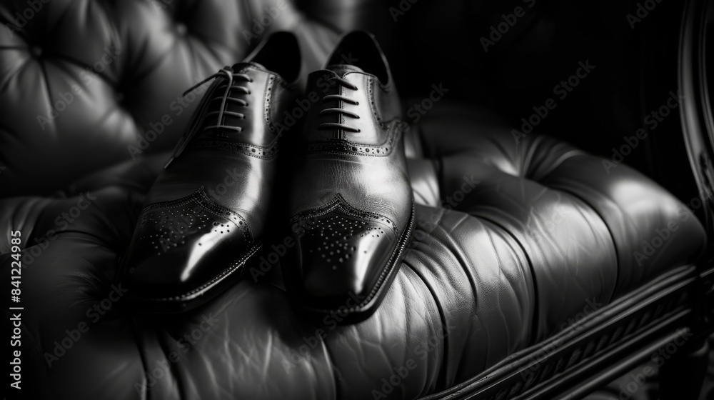 Wall mural a close-up of black leather wedding shoes - Wall murals