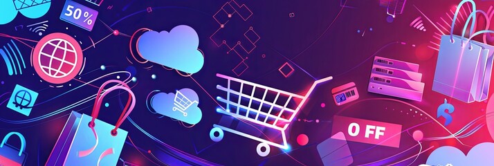 Abstract background with digital shopping carts, product icons, and 50 OFF text. Generative AI