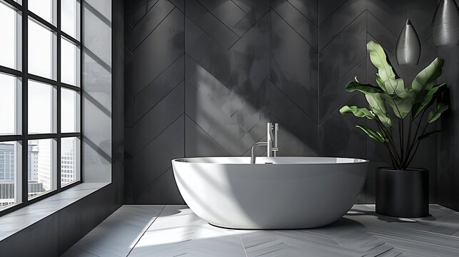 Modern grey designer bathroom with herringbone shower tiling : Generative AI