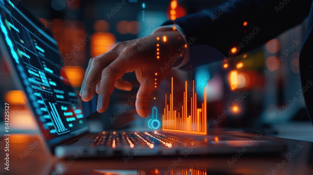 Poster a businessman hand points at a data graph on a laptop screen style of a business digital marketing.
