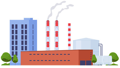 Obraz premium Industrial plants for the production of products, electricity, equipment. Factory complex with pipes. Vector illustration