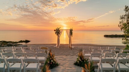 A wedding ceremony setup on a beach with sunset in the background