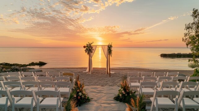 A wedding ceremony setup on a beach with sunset in the background