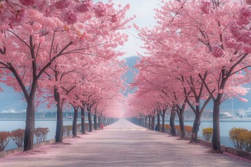 Cherry blossom trees in full bloom, capturing the essence of spring. 