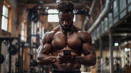 A shirtless man with dreadlocks stands in a modern gym, looking down at his smartphone.