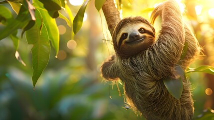 Fototapeta premium Endearing Sloth Hanging Relaxed on Tree Branch in Vibrant Tropical Rainforest Landscape