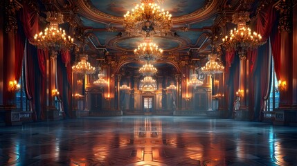 Fototapeta premium Opulent Vintage Ballroom with Ornate Chandeliers and Gilded Mirrors Exuding Luxurious Nostalgia