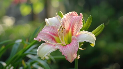Fototapeta premium A pink and white daylily in the morning sunlight