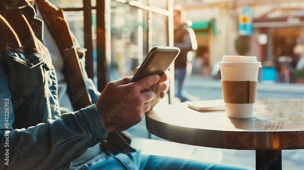 Aufkleber man checking emails coffee break concept : generative ai