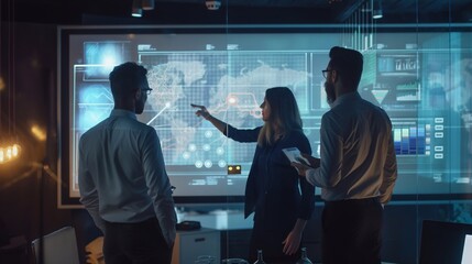 A group of people in an office solves business problems and works with an electronic hologram. Strategic Minds at Work: Corporate Team Analysing Data and Strategising with Technology in Modern Setting
