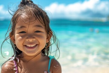 A young child stands at the edge of a sandy beach, enjoying the sunshine and freedom