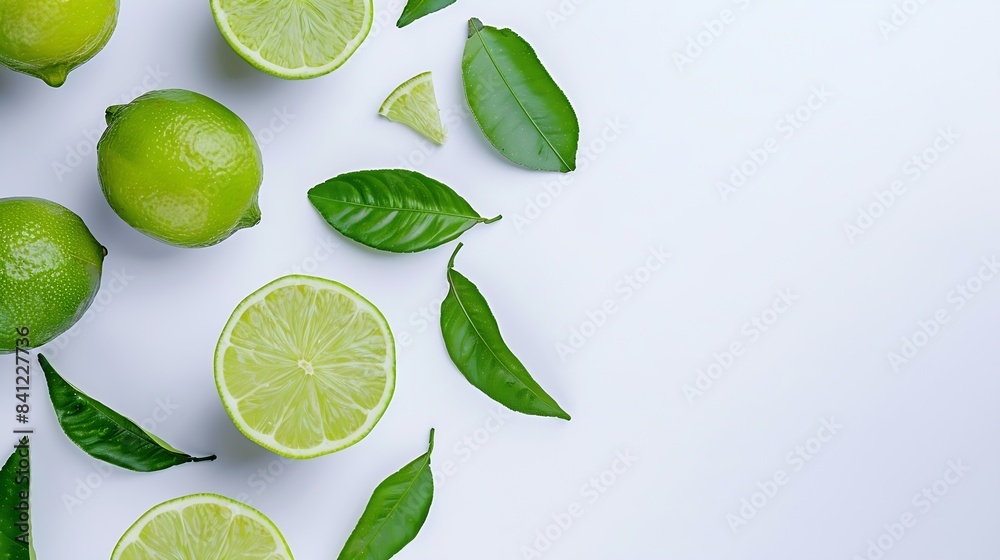Poster lime fruits with slices and green leaves isolated on white background top view flat lay : generative