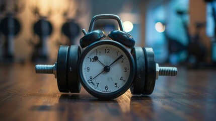 A classic alarm clock rests on two dumbbells, with a blurry background of a gym.
