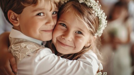 Obraz premium A boy and girl embrace at a wedding reception