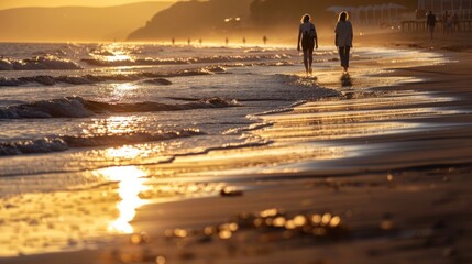 Two people walking along a sandy beach at sunset with golden light reflecting on the waves and shore
