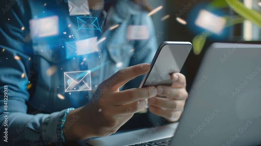 Poster business person reading emails on smartphone and laptop computer screen online communication and mar