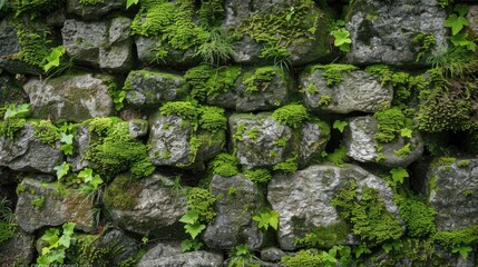 Moss covered stone walls with vegetation growing on them in a medium angle photograph suitable as a background with text or other graphics