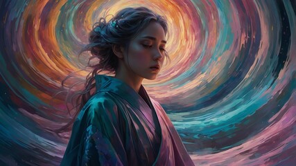 In a swirl of iridescent hues, a digital anime captures the essence of a transient emotion known as Celestial Melancholy