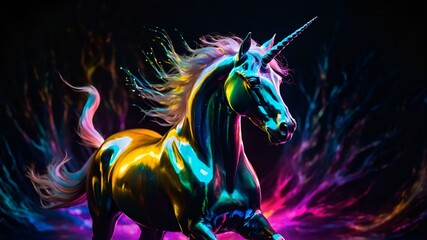 In the midst of a swirling vortex of technicolor light, a shimmering unicorn emerges majestically. This intricate holographic display is captured in a pinhole light painting photograph