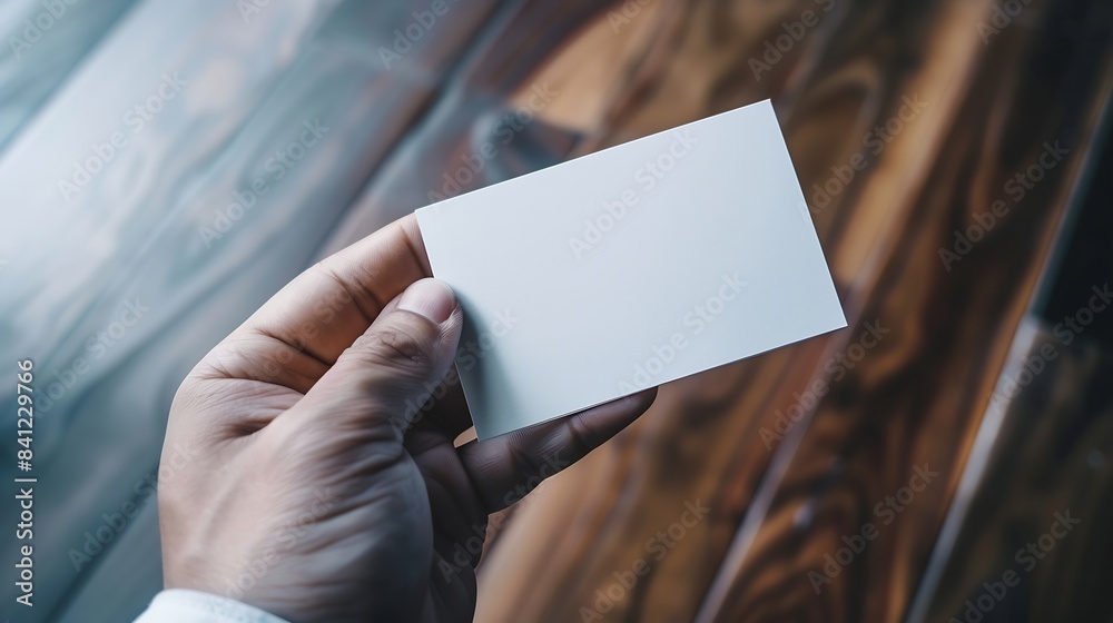 Aufkleber Hand hold blank plain white business card design mockup Clear calling cards mock up template holding arm Visit pasteboard paper surface display front Check small offset print Business  : Generative AI