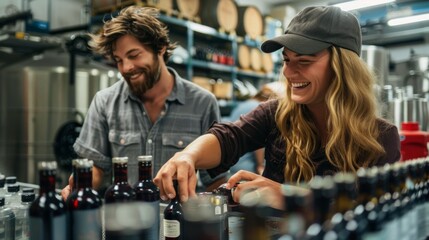 Cheerful coworkers bottling wine in a modern craft brewery workspace
