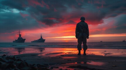 Soldier standing on beach at sunset with warships in distance, contemplating the horizon. Dramatic sky reflecting on calm water.