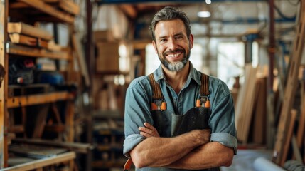Confident carpenter with arms crossed standing in a sunny workshop