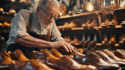 Master shoemaker in workshop selecting leather for shoes amongst crafted footwear