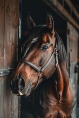 A brown horse looking outside the barn