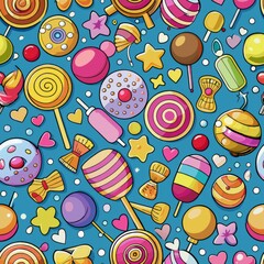 Seamless pattern of assorted candies like lollipops, gummy bears, and jellybeans, creating a vibrant and playful background, Generative AI