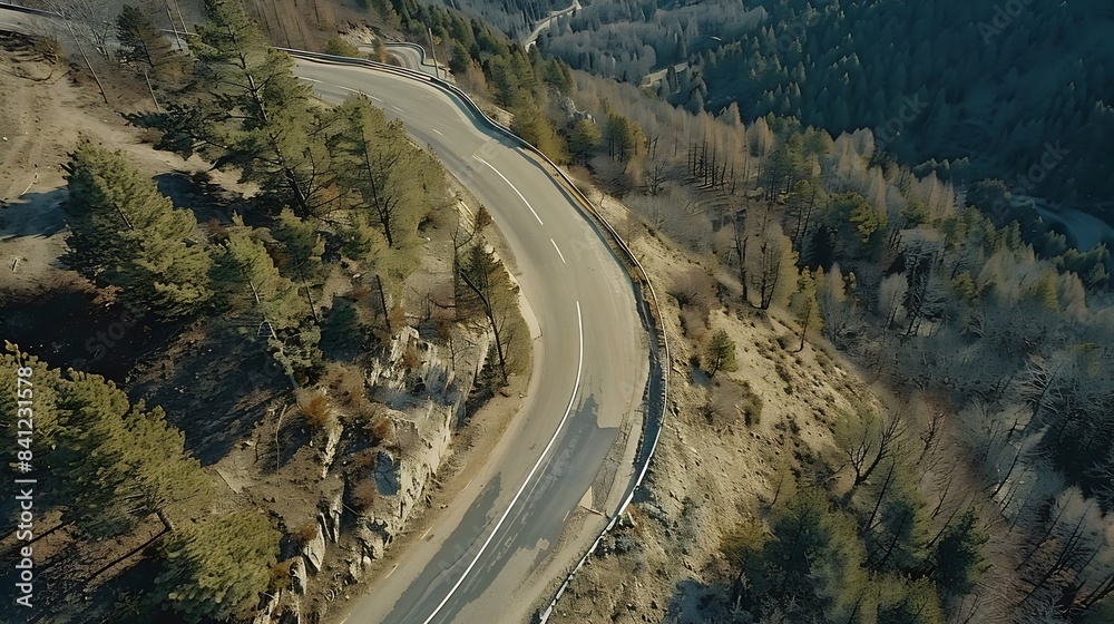 Poster aerial view of a road in the middle of the forest road curve construction up to mountain : generativ
