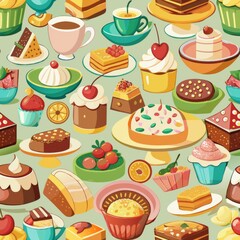 Seamless pattern of assorted dessert plates and serving dishes, showcasing a variety of delicious treats in an appetizing display, Generative AI