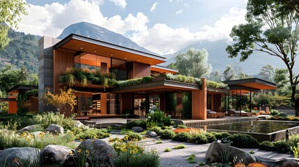 Obraz premium Panoramic Landscape of a Womens Health Retreat with Modern Architecture Organic Gardens and Spa Facilities