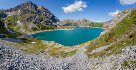 Beautiful mountain view of Lünersee in Vorarlberg, Austria on the border with Switzerland