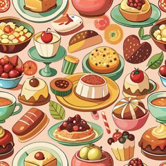 Seamless pattern of assorted dessert plates and serving dishes, showcasing a variety of delicious treats in an appetizing display, Generative AI