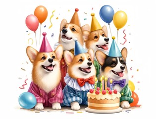 Fototapeta premium Corgis Singing Birthday Song in Clown Costumes Watercolor Illustration