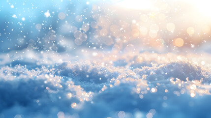 Fototapeta premium Winter natural snow background with snowdrifts, beautiful light and snow flakes on blue sky, beauty bokeh circles