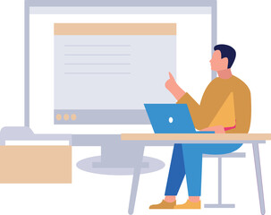 The boy is pointing at the webpage doc file on screen.