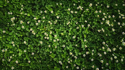 Top view of green grass and small daisy flowers background : Generative AI