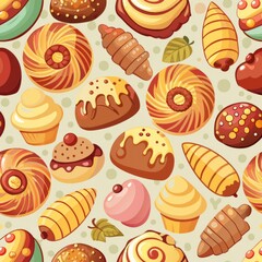 Seamless pattern of assorted pastries like croissants, danishes, and éclairs, perfect for a bakery-themed design, Generative AI
