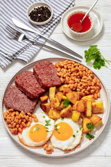 corned beef, baked beans, potatoes and fried eggs