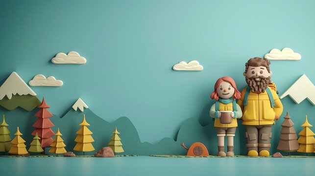 A cute claymation family stands in front of a scenic mountain background. An ideal image depicting nature, family, and outdoor adventures. 3D Illustration.