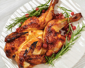 butterflied, spatchcock roast chicken on a plate