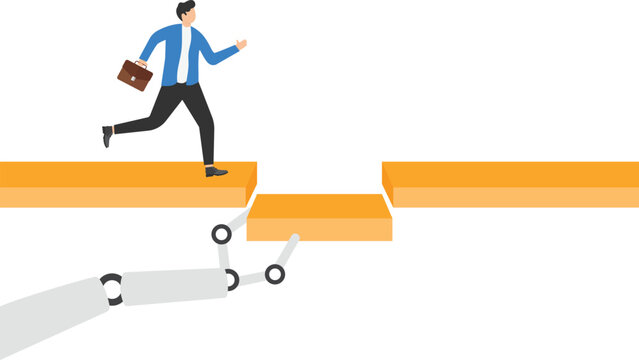 Connect bridge for support team to success, solution or assistance concept. Robot with ai helping business group. Giant chat bot hand help connect missing piece as bridge for team members to cross gap