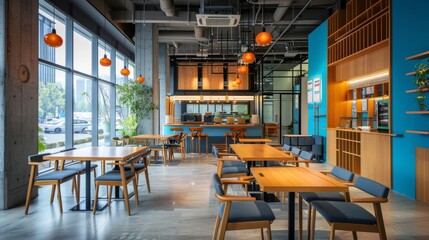 A restaurant with wooden tables and chairs, and a blue wall